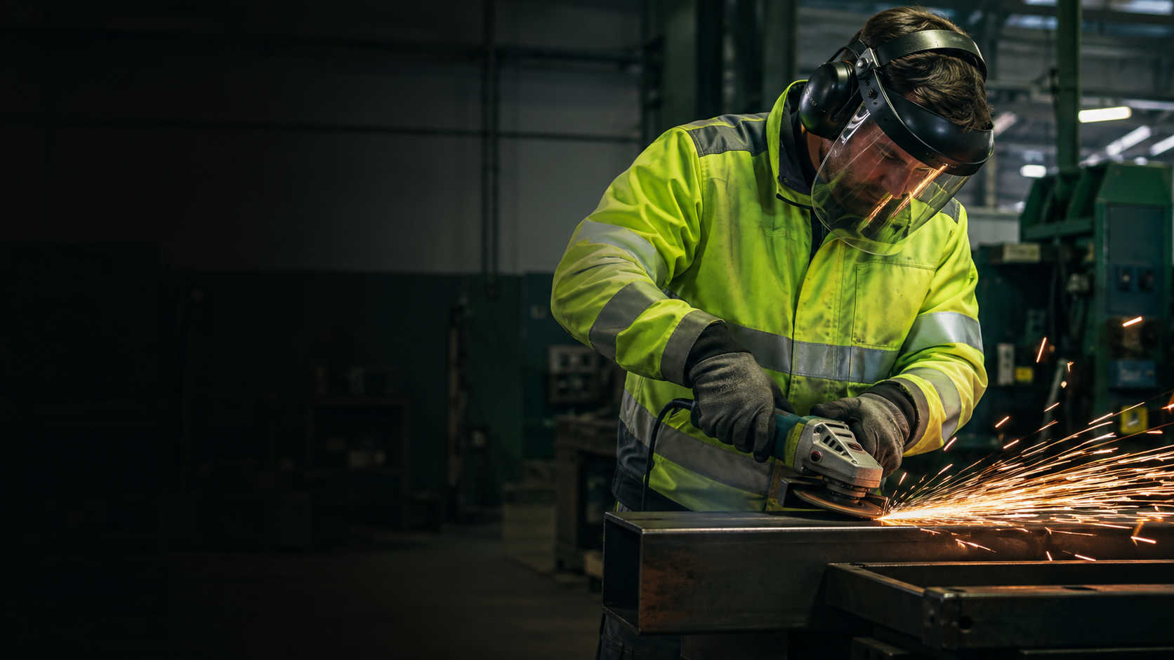 Worker wearing certified PPE while grinding metal in an industrial workshop